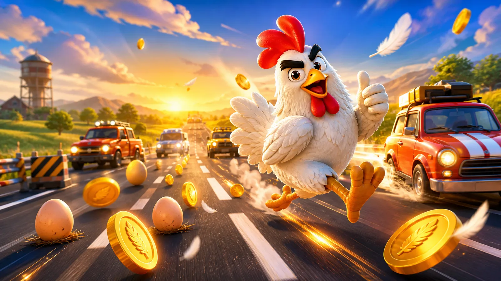 High-quality 3D image featuring a confident chicken crossing a busy road with eggs and coins, capturing dynamic motion and br