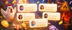 Modern iGaming reviews section with chicken-road themed accents, floating review cards, avatars, stars, and coins.
