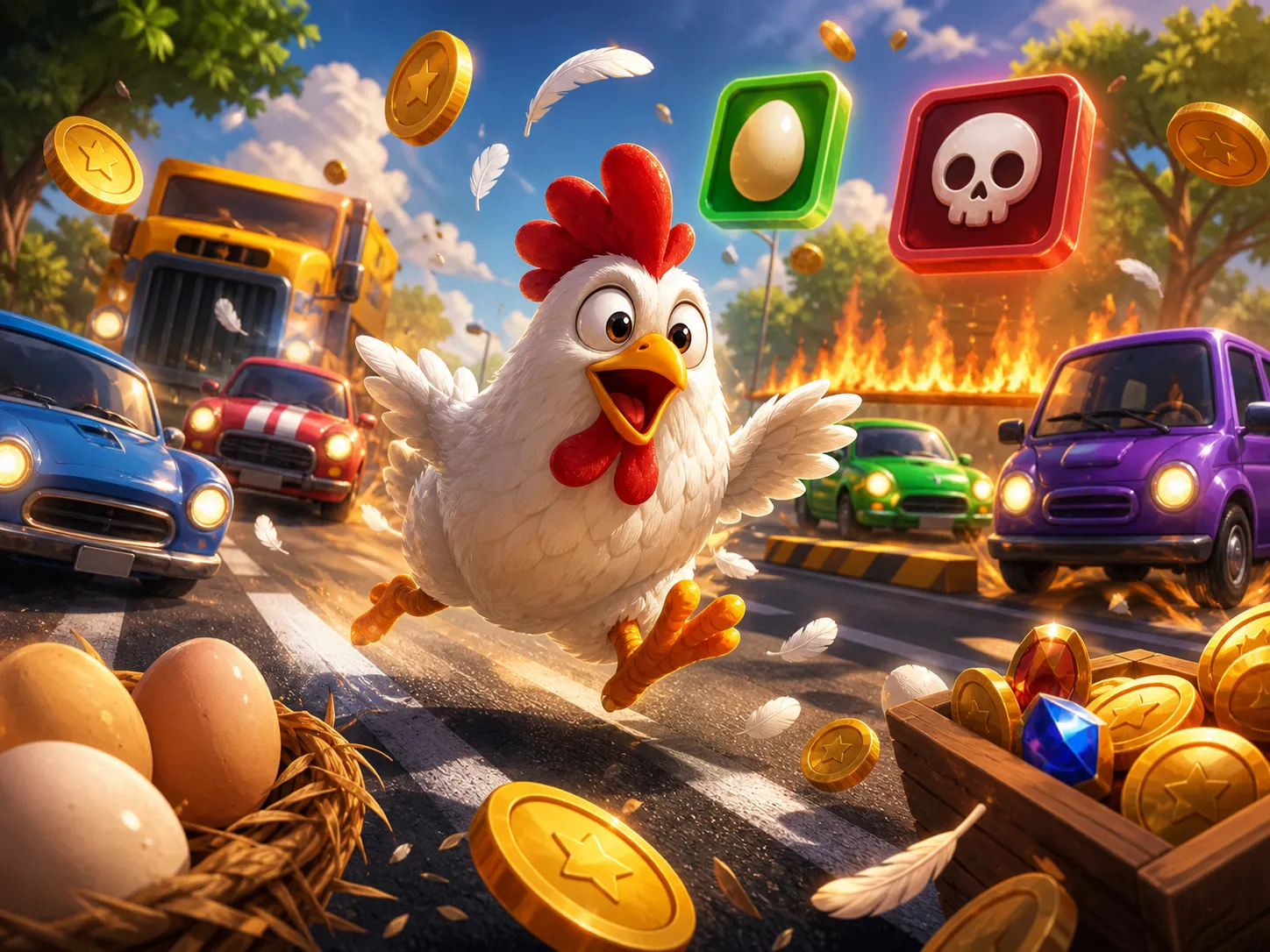 Colorful scene from Chicken Road slot game featuring animated chicken on a road with playful obstacles.