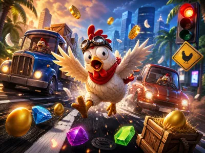 Artwork depicting Chicken Road slot game with a funny chicken crossing a road, dodging traffic and cartoonish hazards.